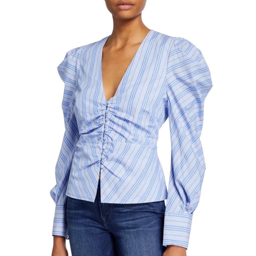$280 Jonathan Simkhai Ruched Oxford Front V-neck Stripe Cropped Shirt BLUE SIZE